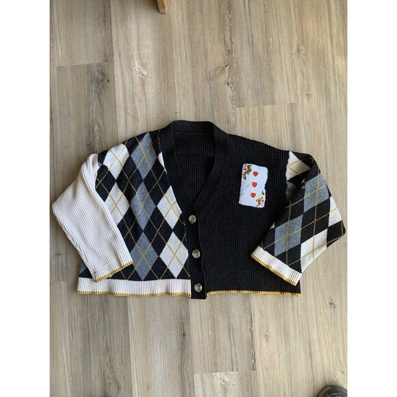 OOAK? Harlequin Crop Top Joker Devolution Cable Knit CARDIGAN Sweater Size 3X - Picture 8 of 12